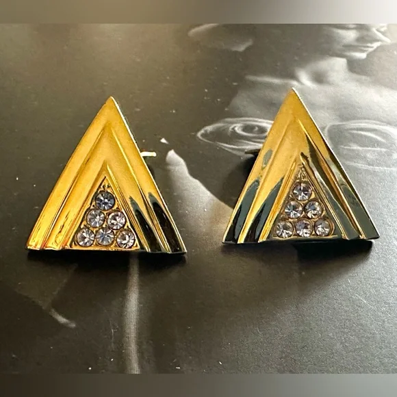 1990s Vintage Gold Tone Triangular Clip On Earrings with Clear Crystal Accents - Picture 3 of 11